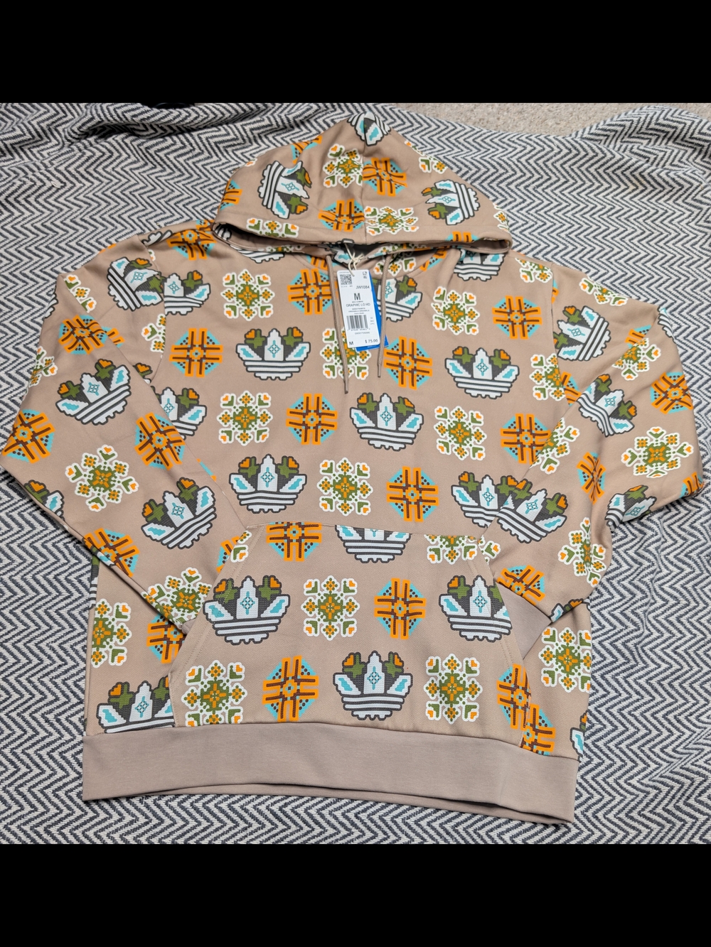 Adidas Tan Patterned Graphic Hoodie with Orange & Teal Accents Sz: M NWT